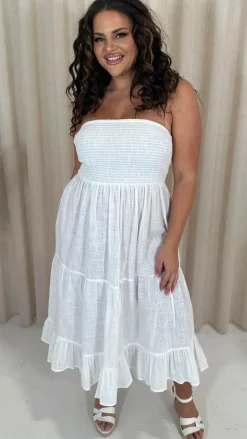 CurveWow Cotton Shirred Bandeau Midi Dress White