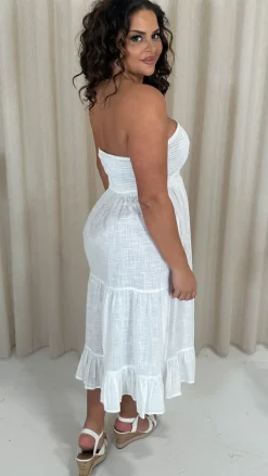 CurveWow Cotton Shirred Bandeau Midi Dress White