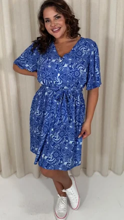 CurveWow Crepe Angel Sleeve Button Down Dress Blue Paisley