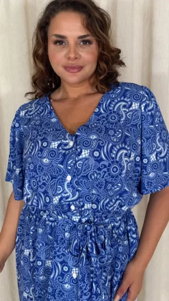 CurveWow Crepe Angel Sleeve Button Down Dress Blue Paisley