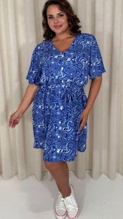 CurveWow Crepe Angel Sleeve Button Down Dress Blue Paisley