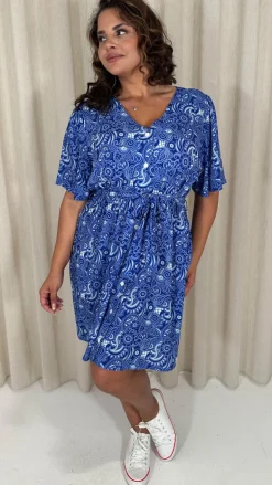 CurveWow Crepe Angel Sleeve Button Down Dress Blue Paisley
