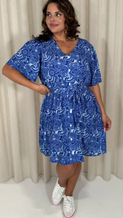 CurveWow Crepe Angel Sleeve Button Down Dress Blue Paisley