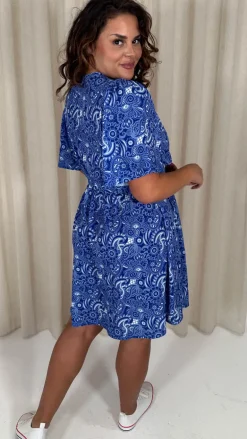 CurveWow Crepe Angel Sleeve Button Down Dress Blue Paisley