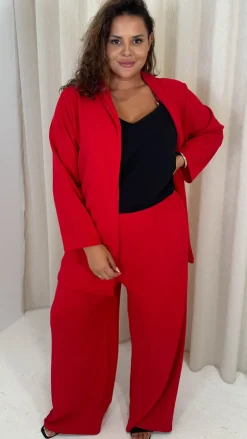 CurveWow Crepe Relaxed Wide Leg Trouser Cherry Red