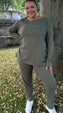 CurveWow Crew Neck Jogger Lounge Set Khaki