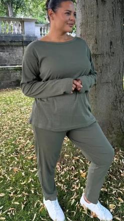 CurveWow Crew Neck Jogger Lounge Set Khaki