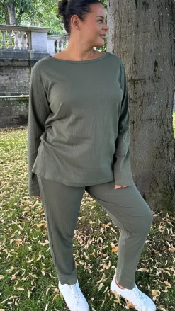 CurveWow Crew Neck Jogger Lounge Set Khaki