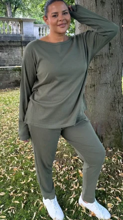 CurveWow Crew Neck Jogger Lounge Set Khaki