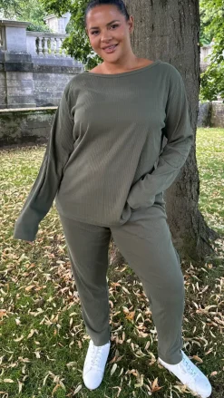 CurveWow Crew Neck Jogger Lounge Set Khaki