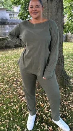 CurveWow Crew Neck Jogger Lounge Set Khaki