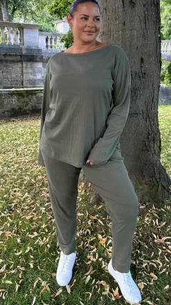 CurveWow Crew Neck Jogger Lounge Set Khaki