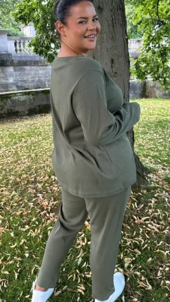 CurveWow Crew Neck Jogger Lounge Set Khaki