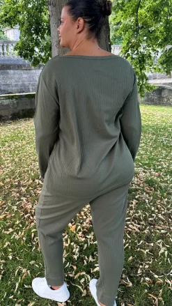 CurveWow Crew Neck Jogger Lounge Set Khaki