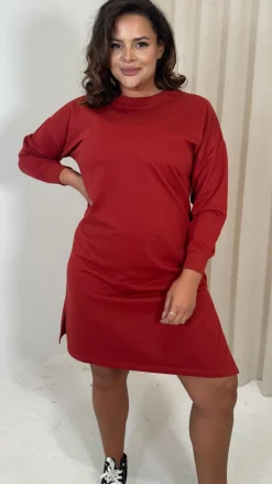CurveWow Crew Neck Side Split Sweat Dress Rust