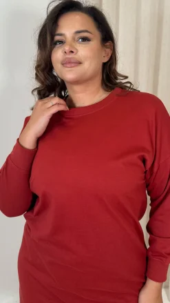 CurveWow Crew Neck Side Split Sweat Dress Rust