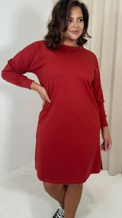 CurveWow Crew Neck Side Split Sweat Dress Rust