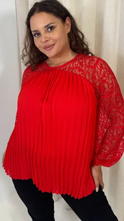CurveWow Crochet Lace Pleated Swing Top Red