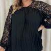 CurveWow Crochet Lace Pleated Swing Top Black