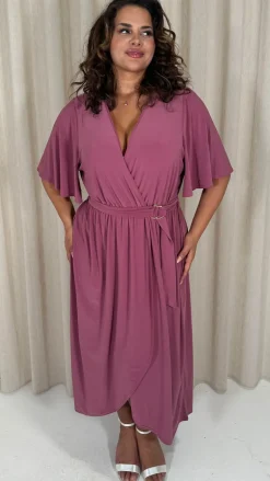 CurveWow D Ring Belted V Neck Dress Rose Pink