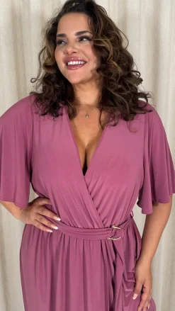 CurveWow D Ring Belted V Neck Dress Rose Pink