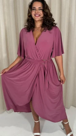 CurveWow D Ring Belted V Neck Dress Rose Pink