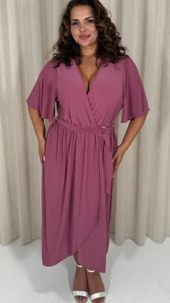 CurveWow D Ring Belted V Neck Dress Rose Pink