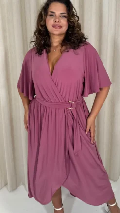 CurveWow D Ring Belted V Neck Dress Rose Pink
