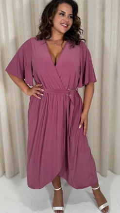 CurveWow D Ring Belted V Neck Dress Rose Pink