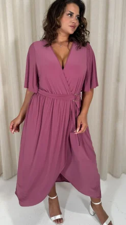 CurveWow D Ring Belted V Neck Dress Rose Pink