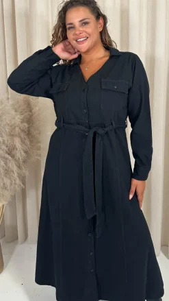 CurveWow Denim Belted Midaxi Shirt Dress Black Wash