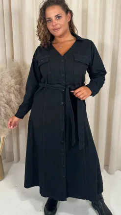 CurveWow Denim Belted Midaxi Shirt Dress Black Wash