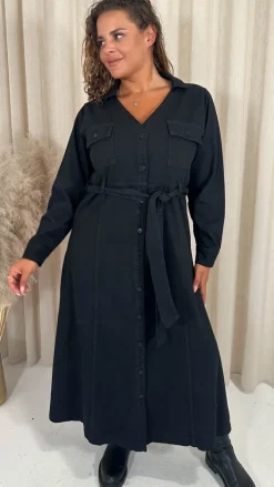 CurveWow Denim Belted Midaxi Shirt Dress Black Wash