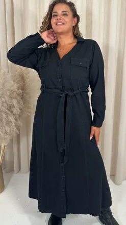 CurveWow Denim Belted Midaxi Shirt Dress Black Wash