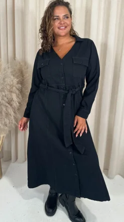 CurveWow Denim Belted Midaxi Shirt Dress Black Wash