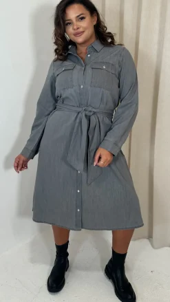 CurveWow Denim Belted Oversized Shirt Dress Grey Wash