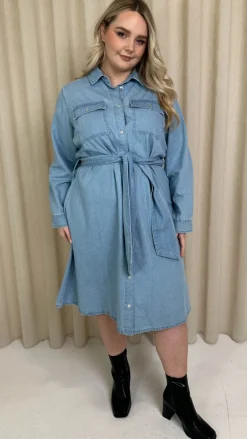 CurveWow Denim Belted Oversized Shirt Dress Mid Blue Wash