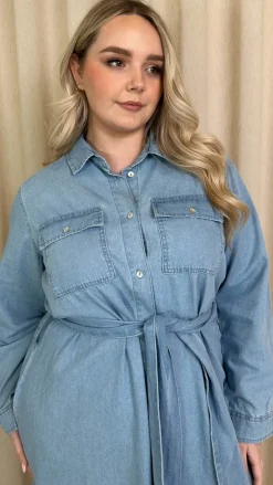 CurveWow Denim Belted Oversized Shirt Dress Mid Blue Wash