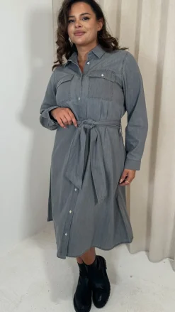 CurveWow Denim Belted Oversized Shirt Dress Grey Wash