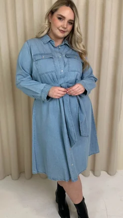 CurveWow Denim Belted Oversized Shirt Dress Mid Blue Wash