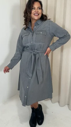 CurveWow Denim Belted Oversized Shirt Dress Grey Wash