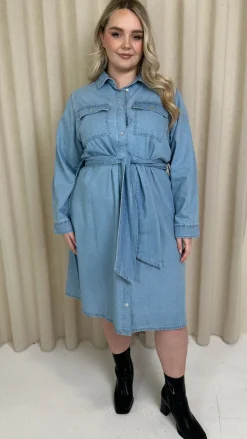 CurveWow Denim Belted Oversized Shirt Dress Mid Blue Wash