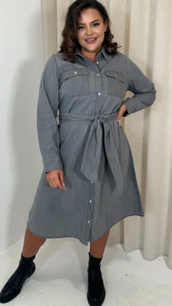 CurveWow Denim Belted Oversized Shirt Dress Grey Wash