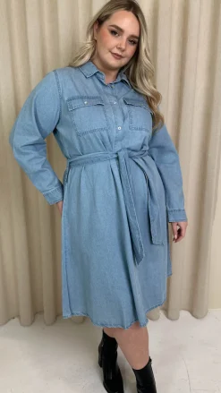 CurveWow Denim Belted Oversized Shirt Dress Mid Blue Wash