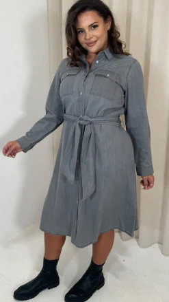 CurveWow Denim Belted Oversized Shirt Dress Grey Wash