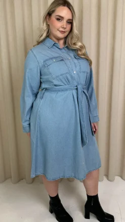CurveWow Denim Belted Oversized Shirt Dress Mid Blue Wash