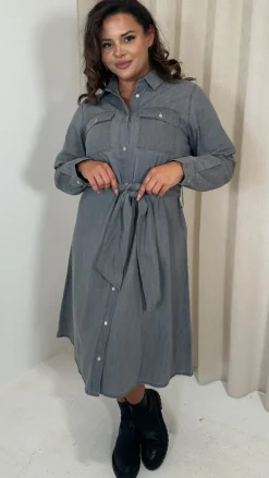 CurveWow Denim Belted Oversized Shirt Dress Grey Wash