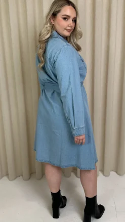 CurveWow Denim Belted Oversized Shirt Dress Mid Blue Wash