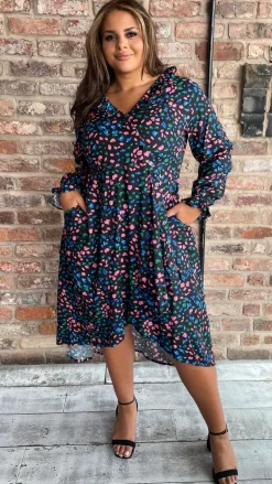 CurveWow Dip Hem Frill Neck Dress Multi Animal