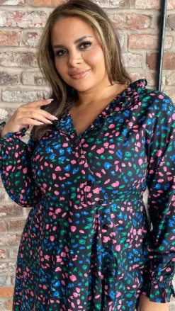 CurveWow Dip Hem Frill Neck Dress Multi Animal